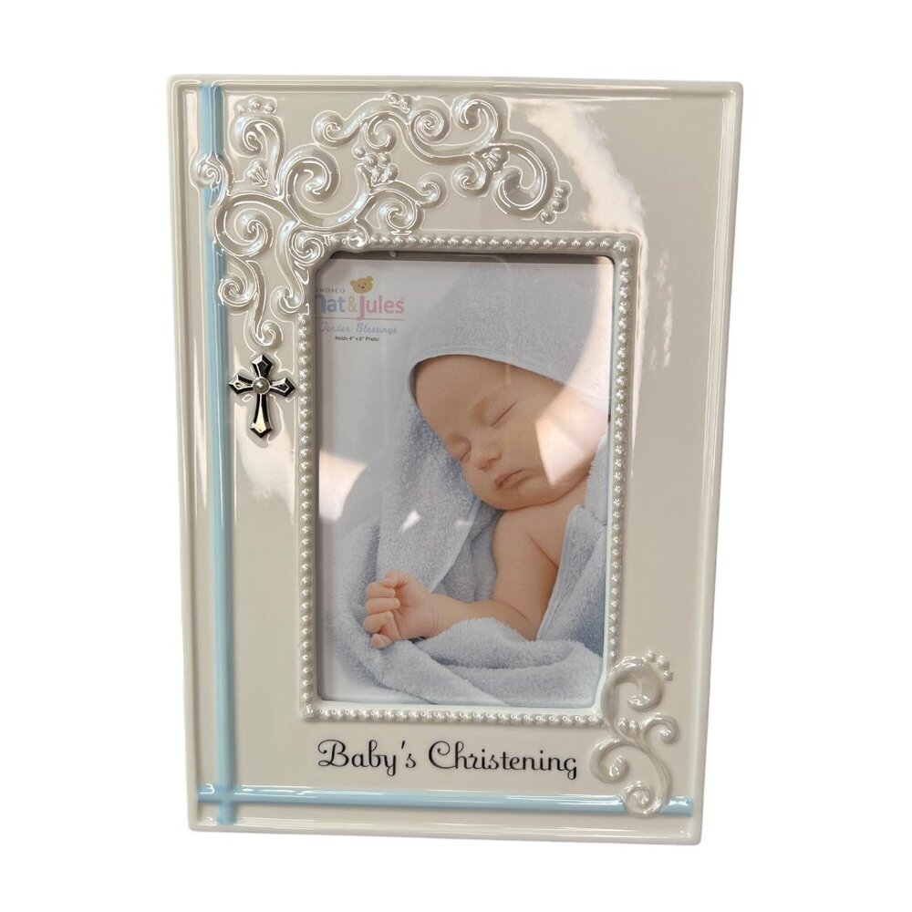 Demarco Nat & Jules Baby Boy Christening Picture Frame Ceramic With Cross Blue